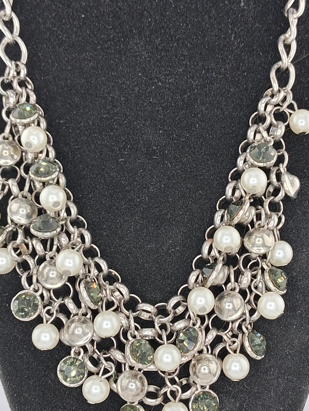 Silver-Tone Pearl & Green Crystal Bib Necklace